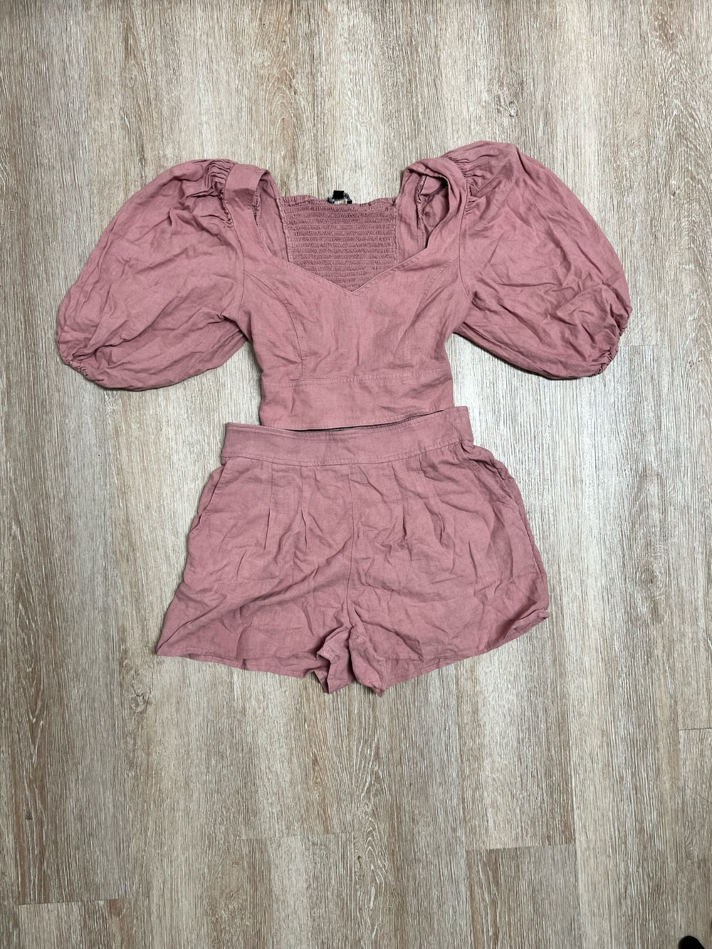 Express Dusty Rose Smocked Crop Top with Puff Sleeves XS and short S (SET)